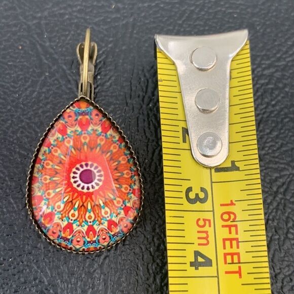 Indian Mandala Boho Glass Earrings - Red Geometric Spiritual Design, Handmade - Picture 9 of 11